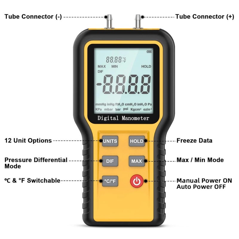 BTMETER Manometer Gas Pressure Meter, Dual Port Manometro Pressure Differential Gauge Check Air Flow Pressure for HVAC Gas Furnace, Digital Manometer w/Backlight 12 Measure Units QX-1201 - Image 5